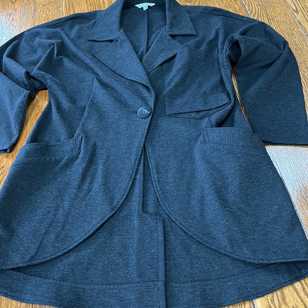 CAbi charcoal gray long jacket.  One big button, pockets.  Size Small.